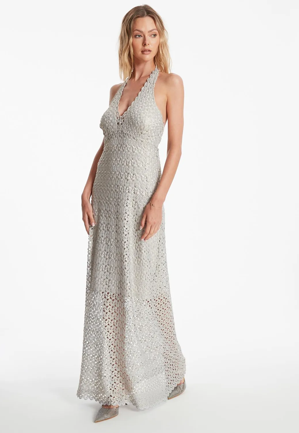Ana Alcazar Zisora abito maxi halter argento