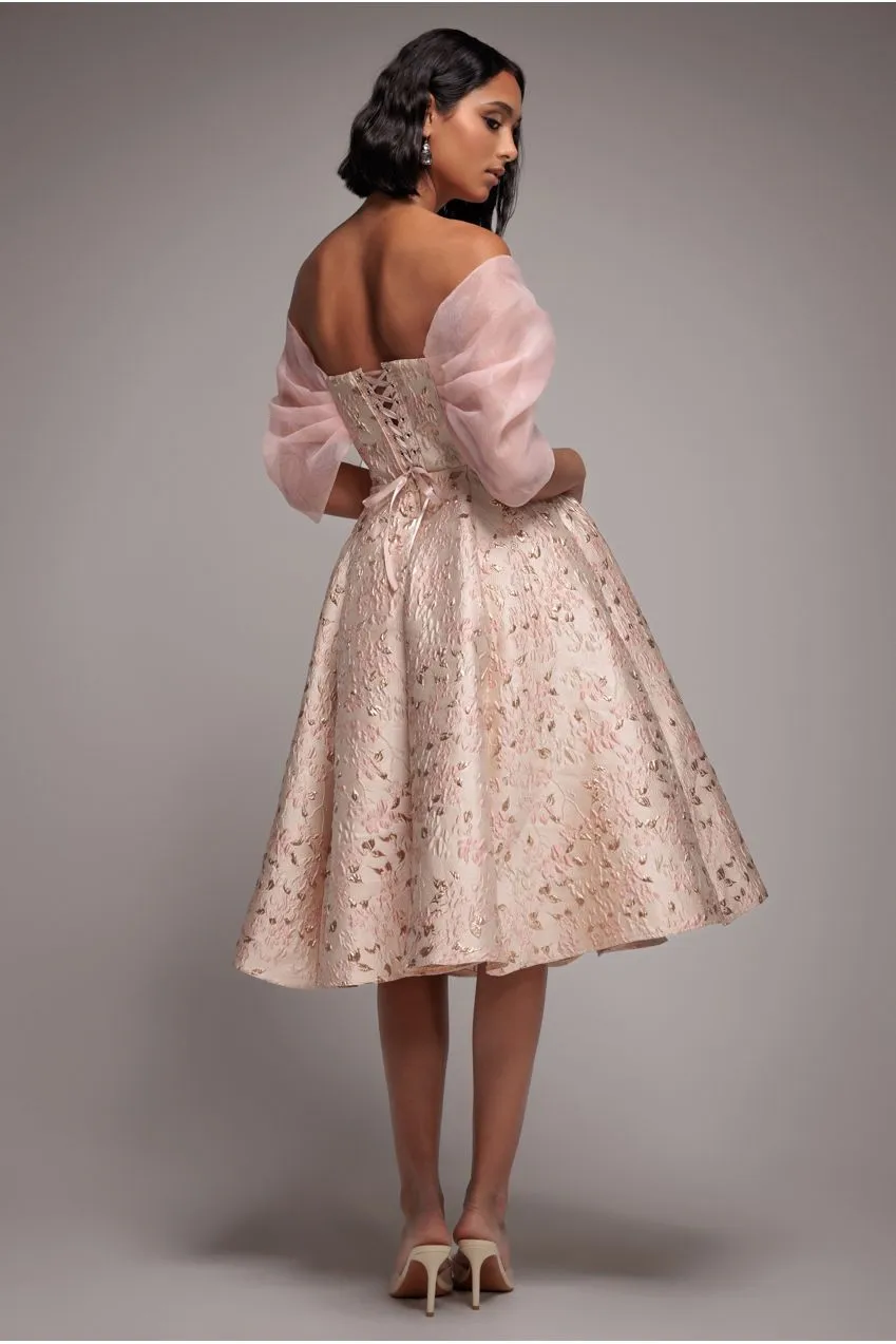 Goddiva abito midi jacquard allacciatura rosa cipria