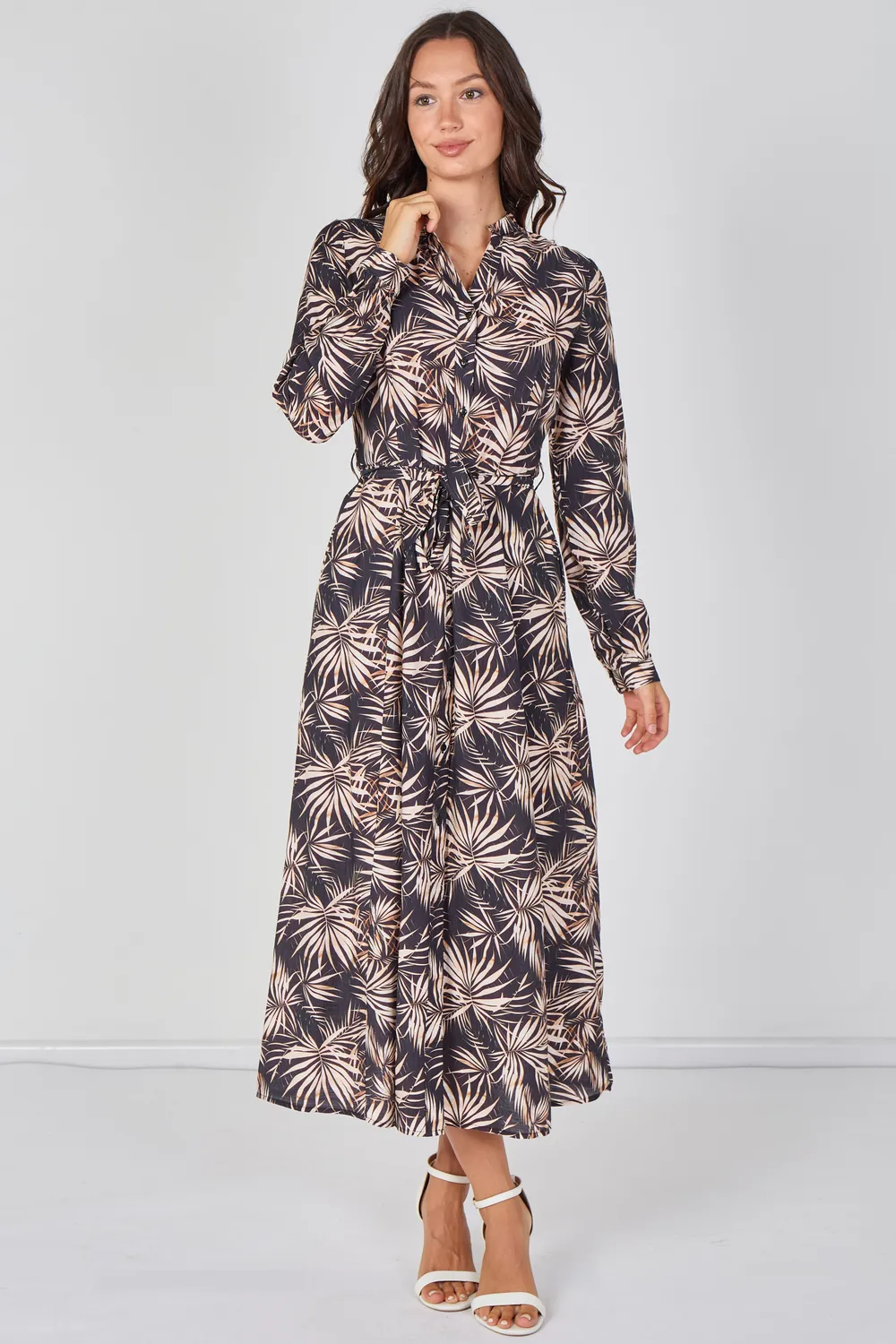 Love Sunshine abito camicia maxi nero palme cintura