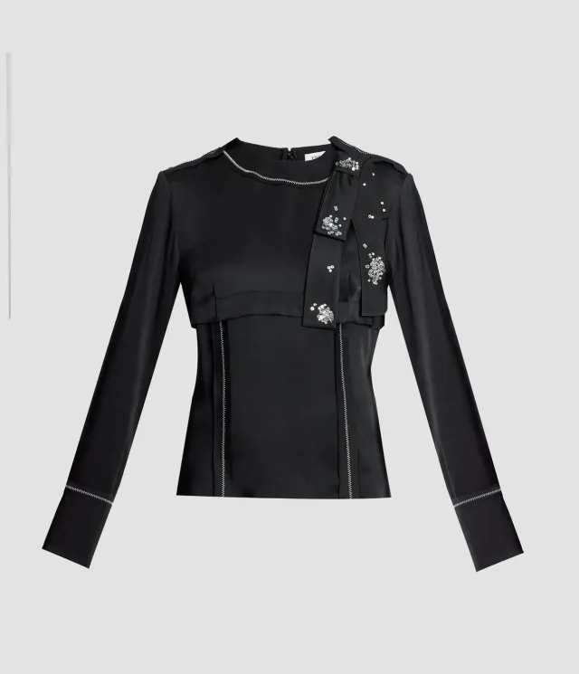 Erdem Satin Cady Long Sleeve Shirt camicia nera raso fiocco