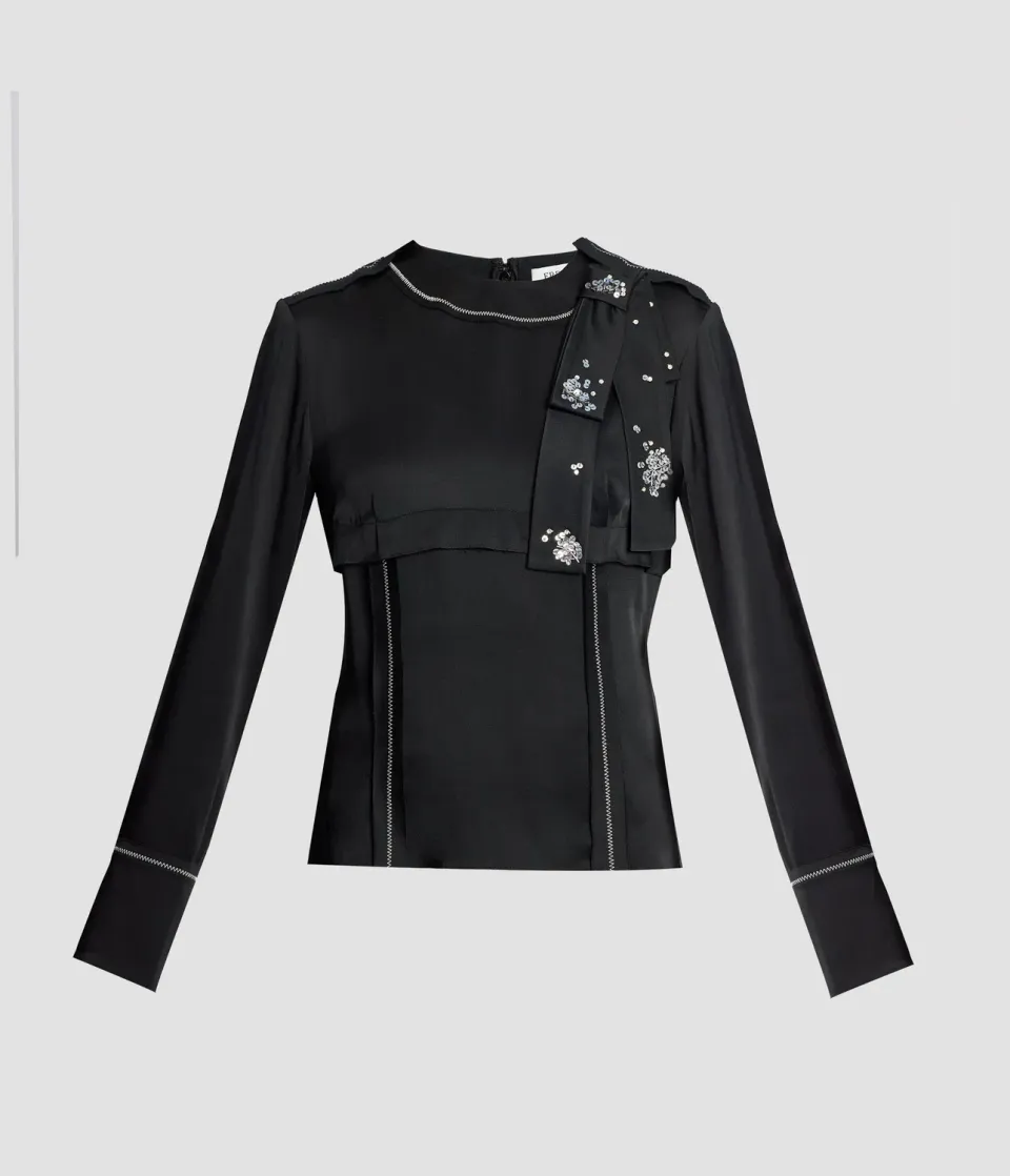 Erdem Satin Cady Long Sleeve Shirt camicia nera raso fiocco