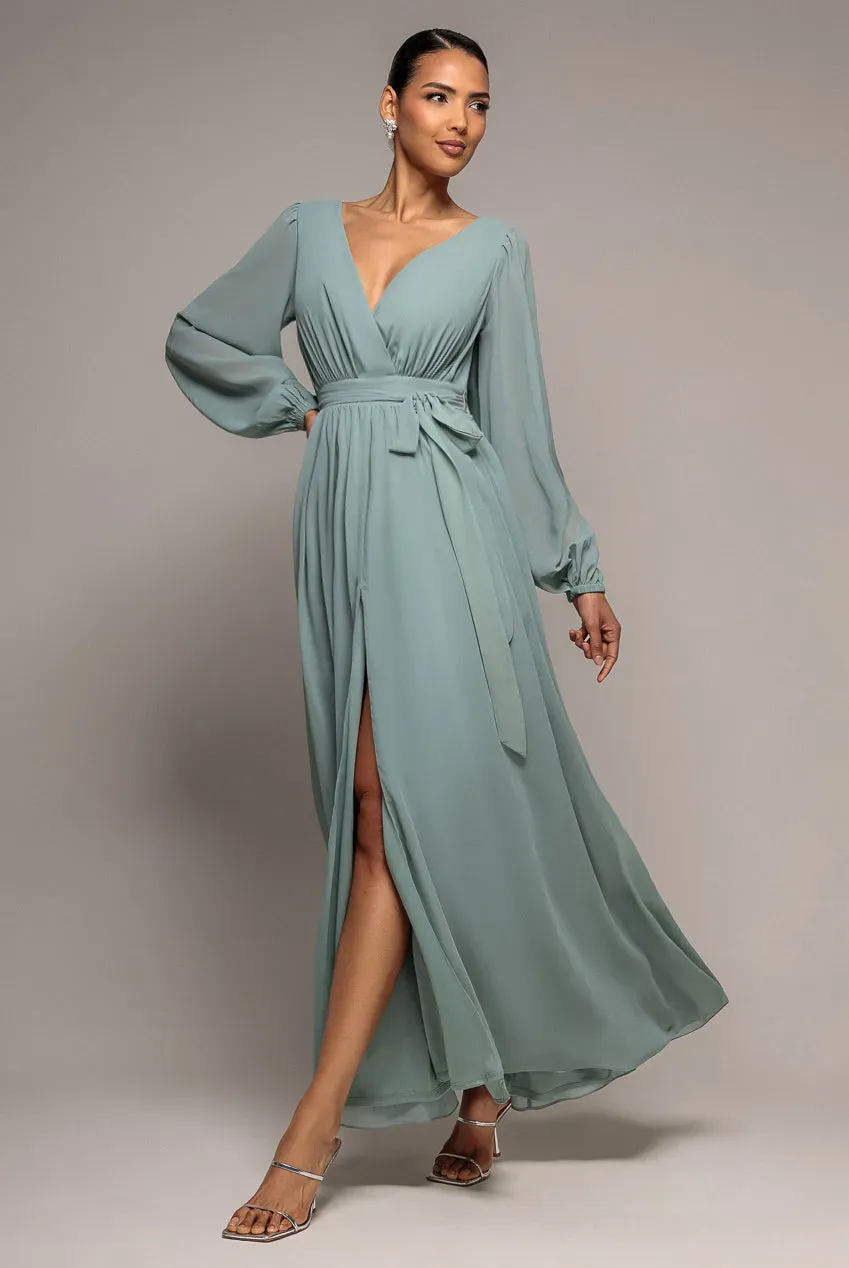 Goddiva Abito Maxi Verde Salvia Chiffon Spacco Manica Lanterna