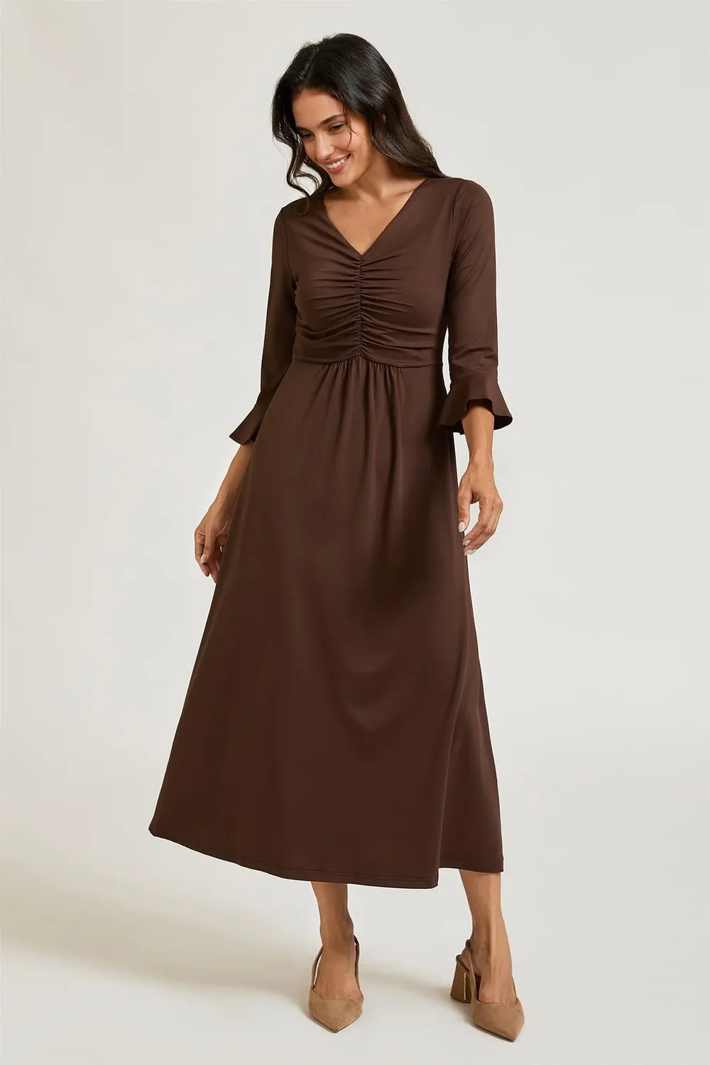 FS Collection Ruched Abito Midi Marrone Jersey Elasticizzato