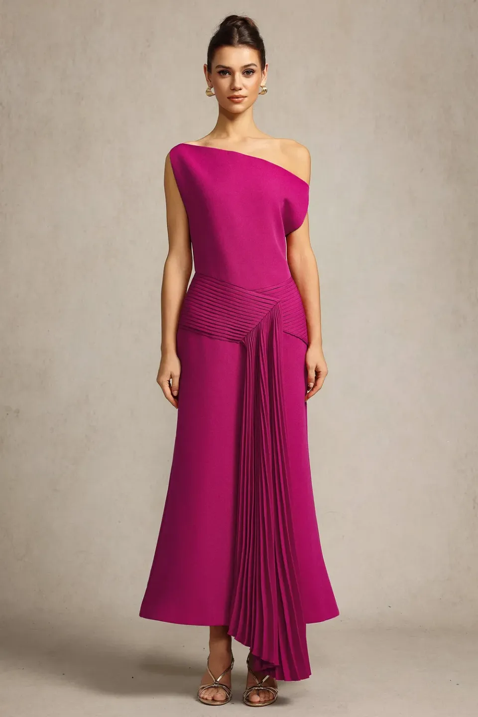 Bella Barnett Paulina abito midi rosa monospalla drappeggio