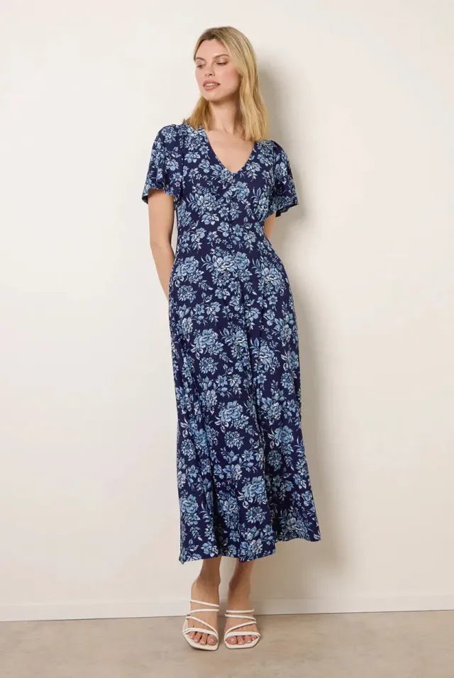 Blue Vanilla Floral Button Through vestito midi blu fiori