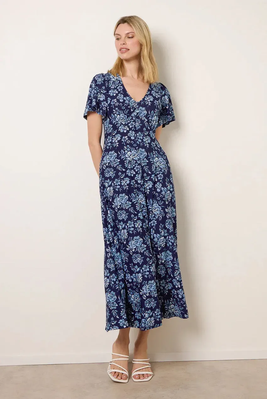 Blue Vanilla Floral Button Through vestito midi blu fiori