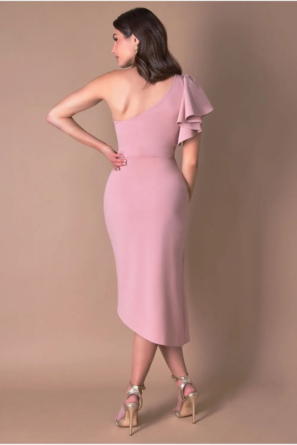 Goddiva Waterfall abito midi blush monospalla