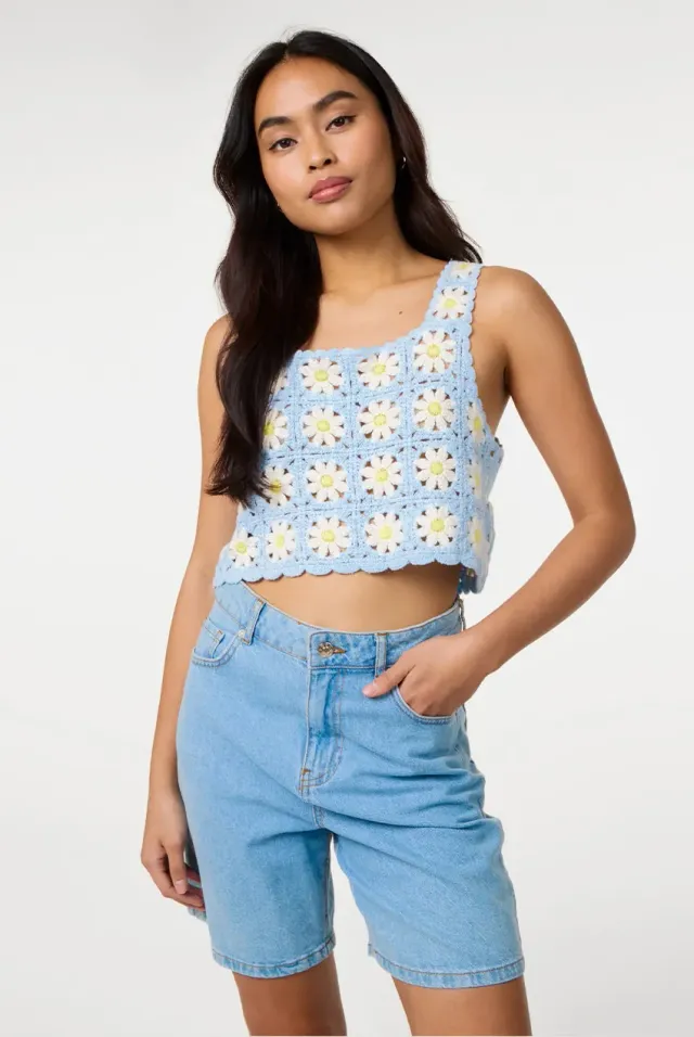 Pink Vanilla Crop Top Uncinetto Blu Margherite