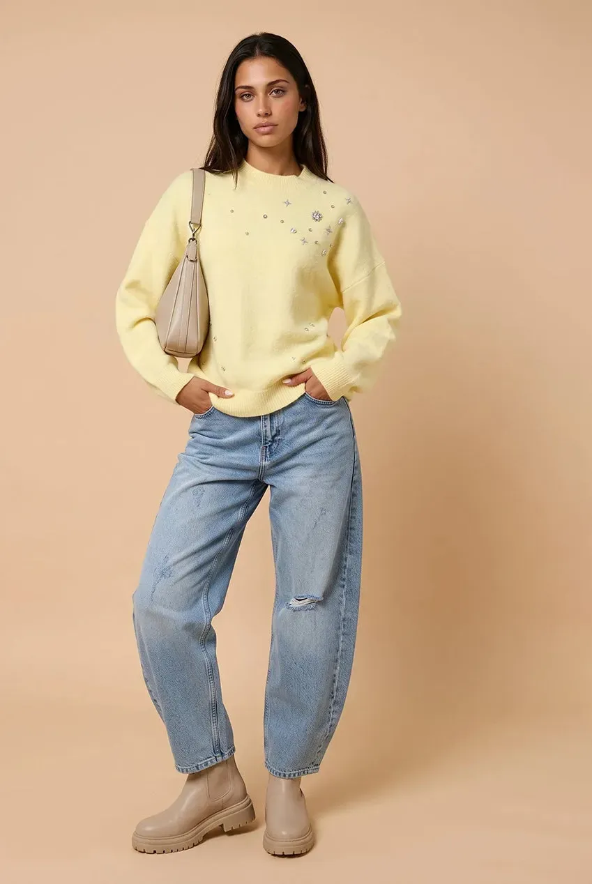 Urban Bliss Wool Blend maglione limone ricamo floreale