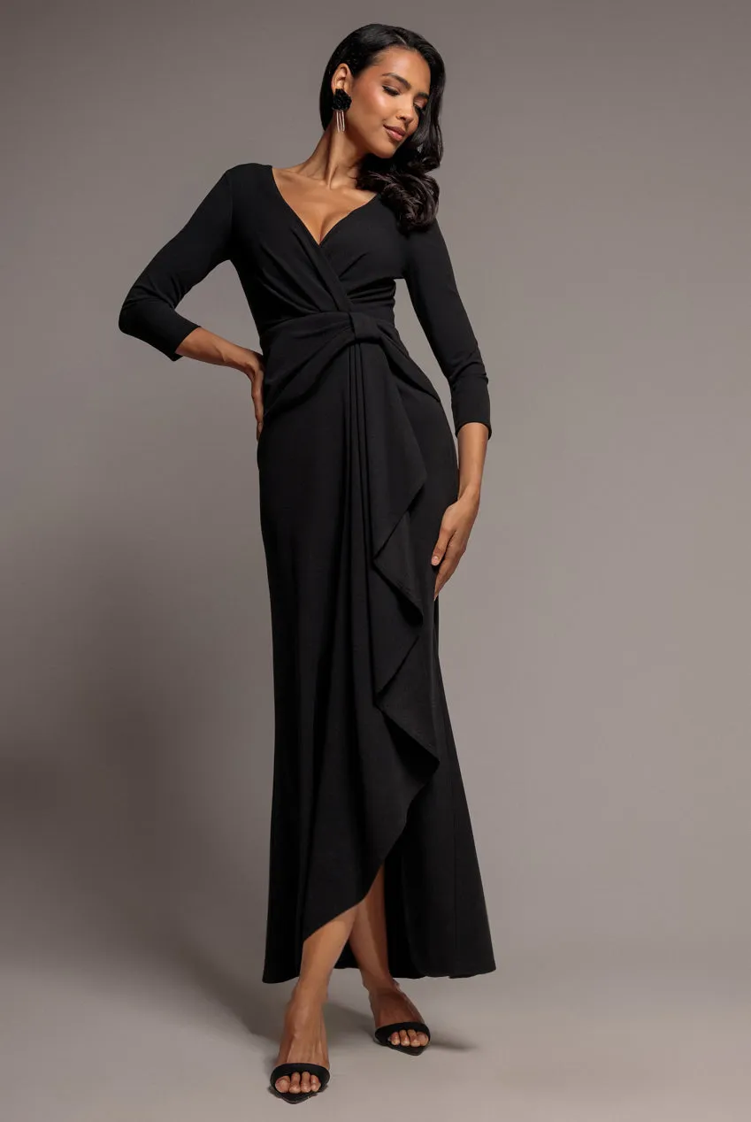 Goddiva Front Wrap Asymmetric abito maxi nero scuba