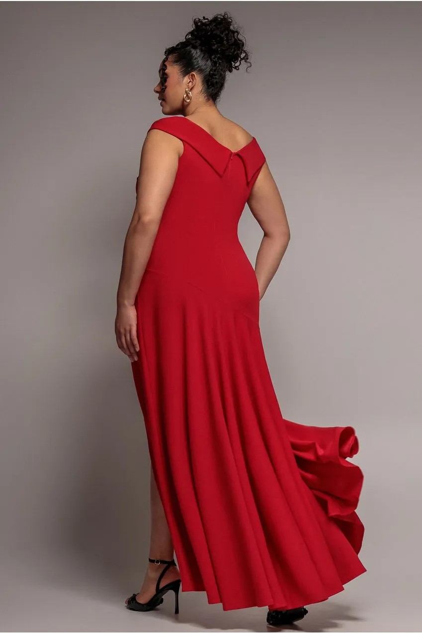 Goddiva Plus Scuba Crepe Off Shoulder abito maxi rosso spacco