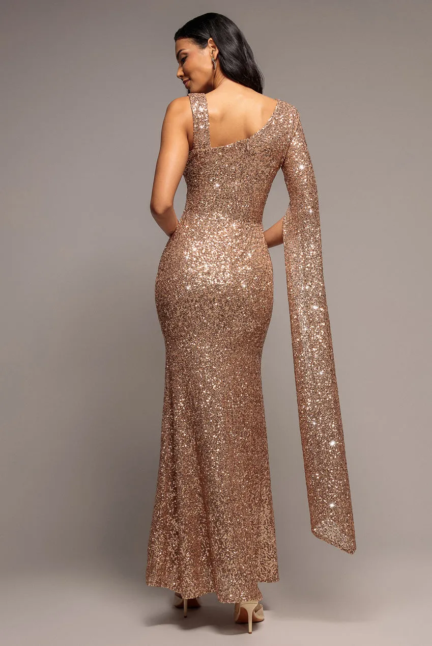 Goddiva abito maxi champagne mantella paillettes sirena