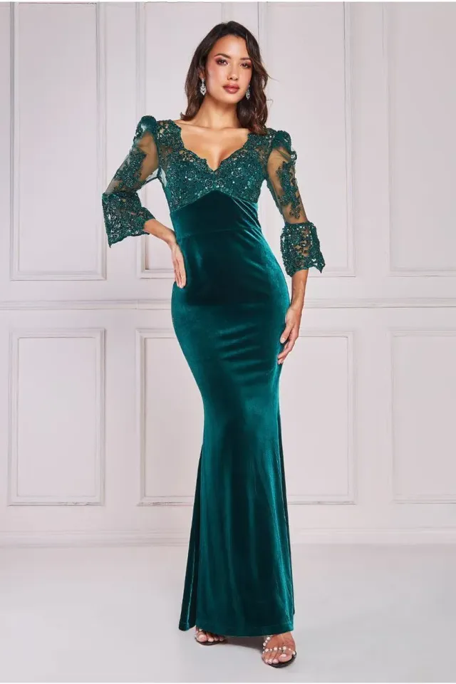 Goddiva Scalloped Lace abito maxi verde smeraldo pizzo