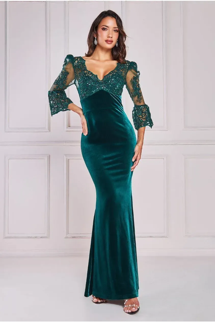 Goddiva Scalloped Lace abito maxi verde smeraldo pizzo