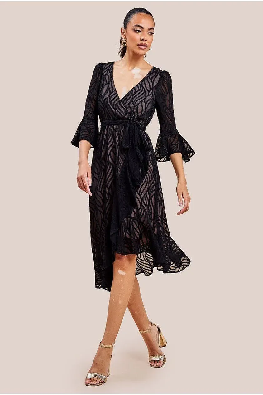 Goddiva Geo-Wave Wrap abito midi nero 12