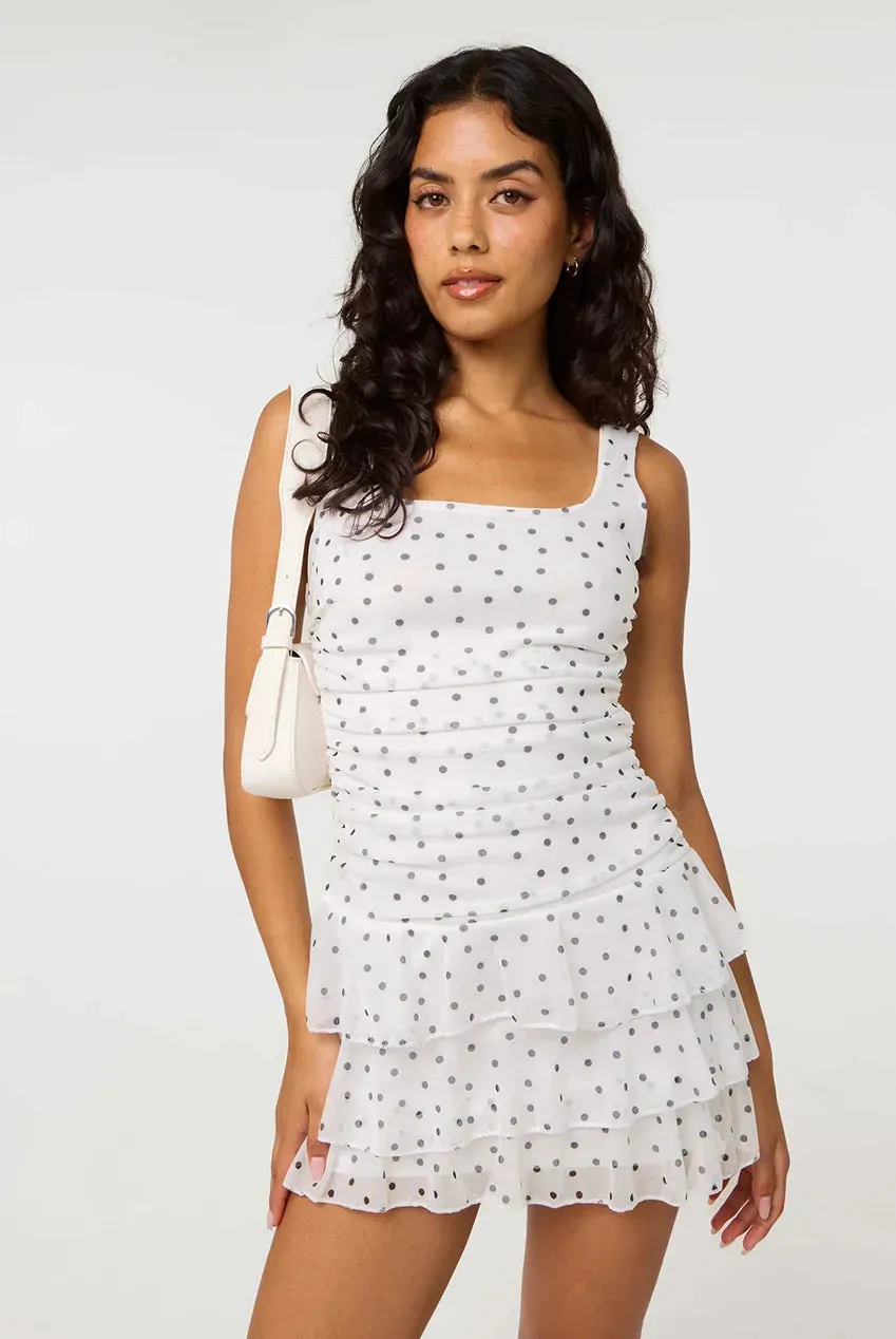 Pink Vanilla Polka Dot Square Neck abito mesh avorio