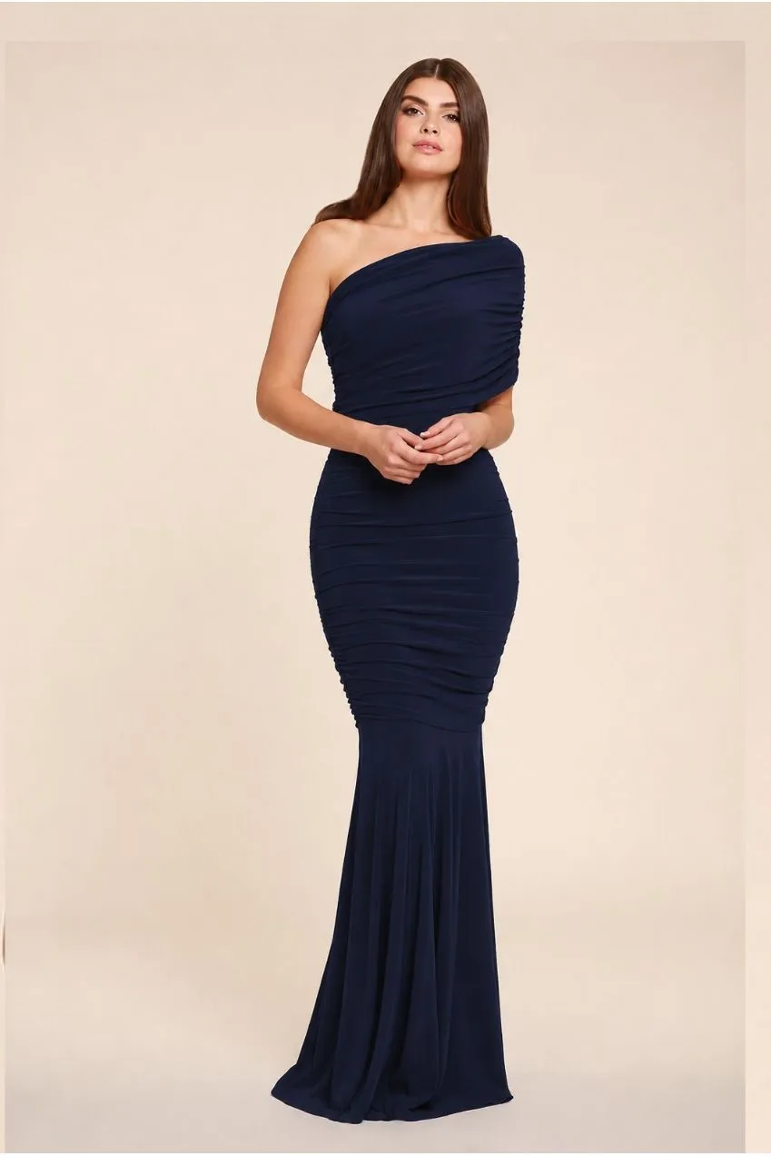 Honor Gold Alice One Shoulder abito maxi navy elasticizzato