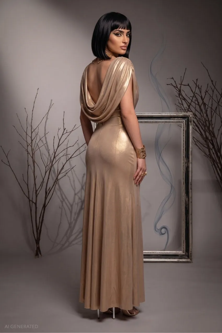 Goddiva Cleopatra Abito Maxi Oro Lamé Spacco Halloween