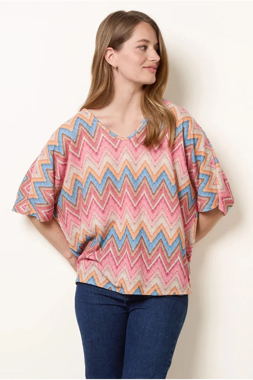 Blue Vanilla Zig Zag Metallic Bow Back Top rosa scollo a V