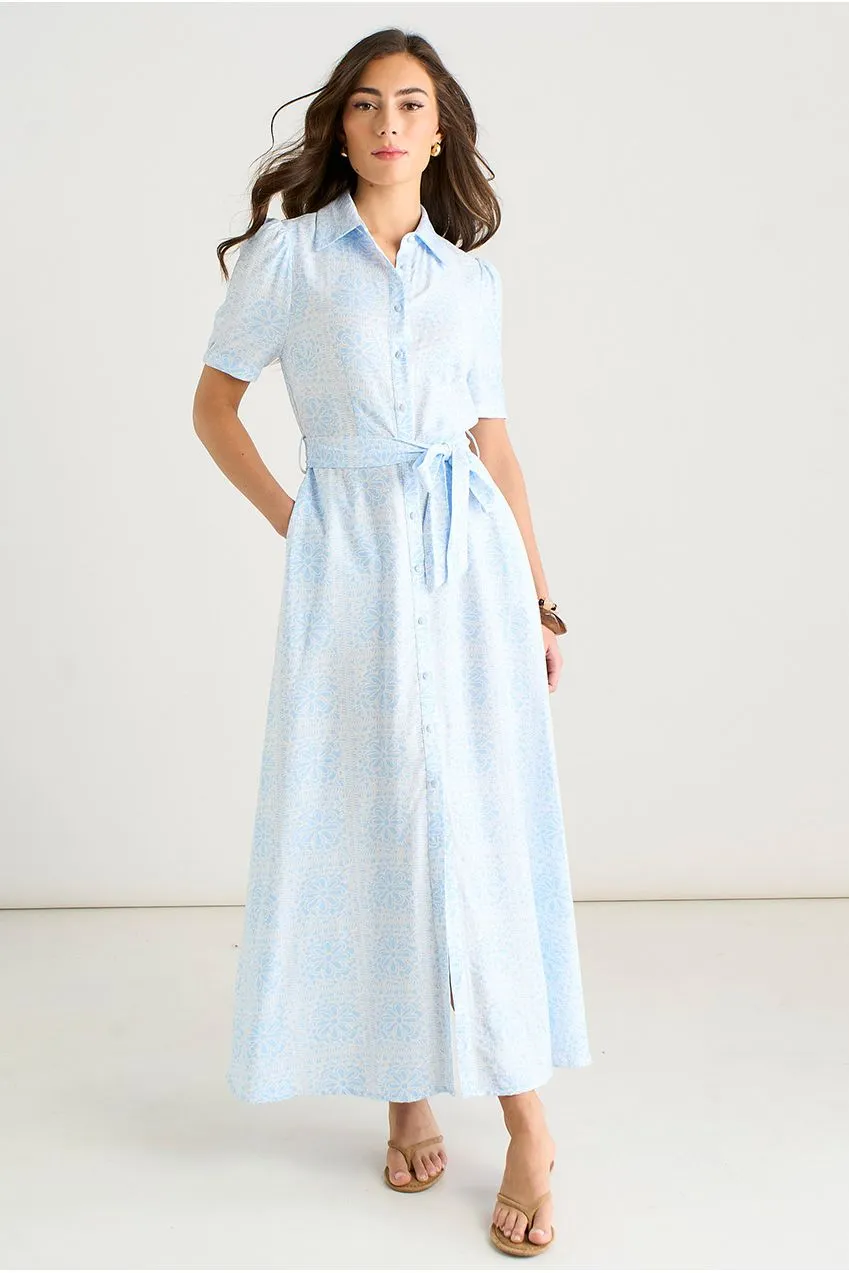 Gini London Blue Tile Print abito camicia lungo blu cotone