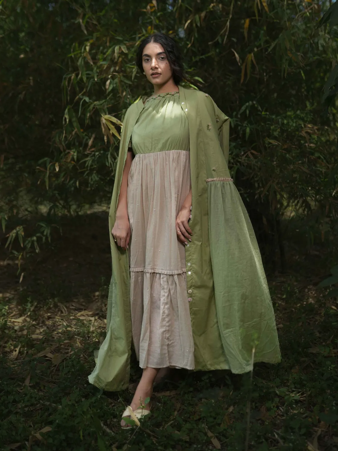 Our Dve Rabia completo abito giacca verde rosa cotone