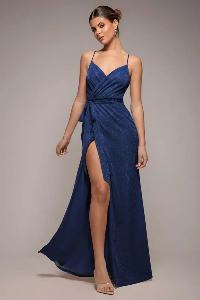 Goddiva Abito Maxi Navy Incrociato Spalline Sottili con Spacco