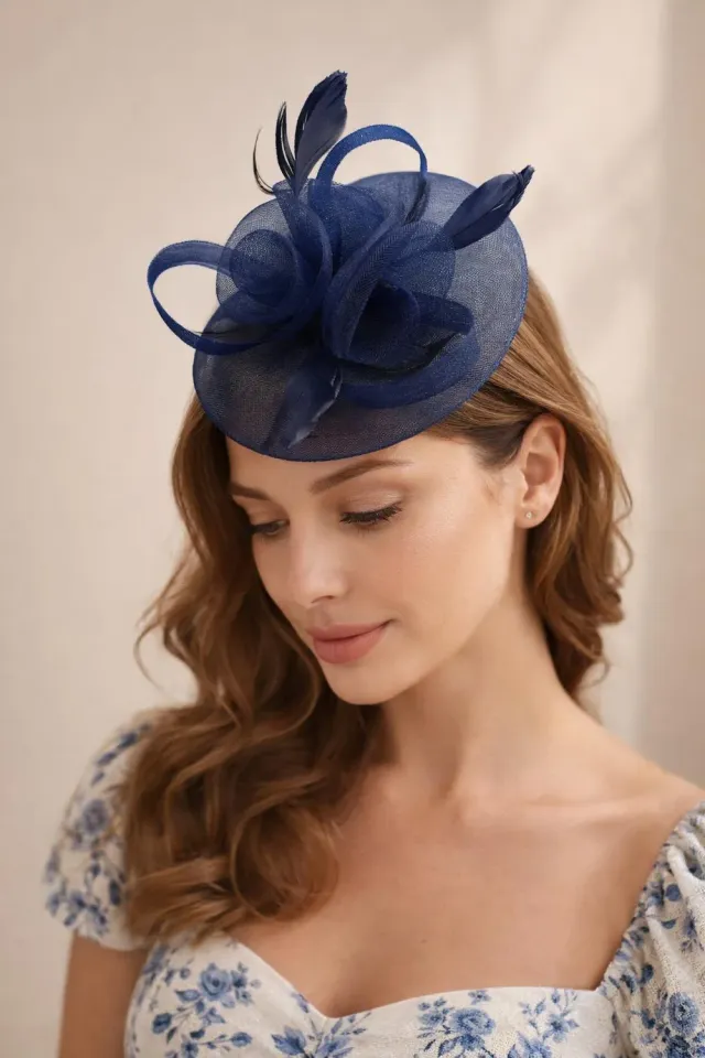 SVNX Fascinator Base Larga Cerchietto Blu Navy Floreale