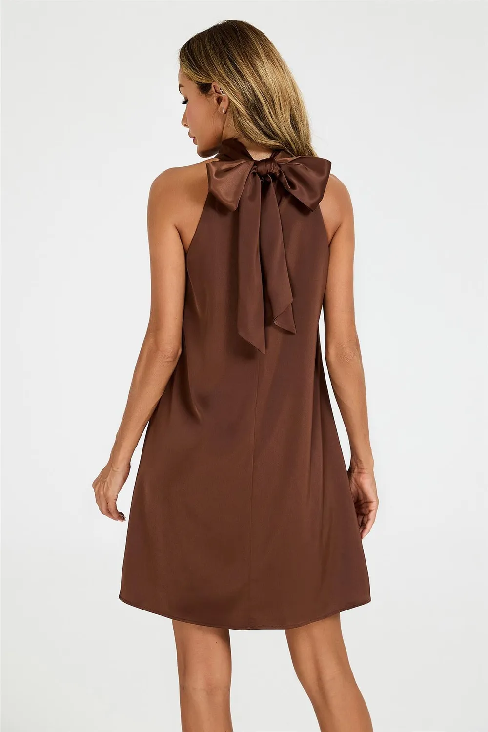 FS Collection Halter Abito mini raso marrone scollo dietro