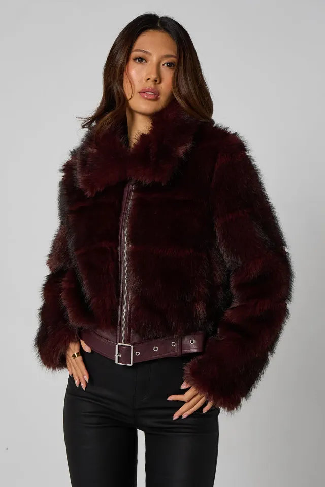 Urban Bliss Cut Faux Fur giacca bomber prugna cintura