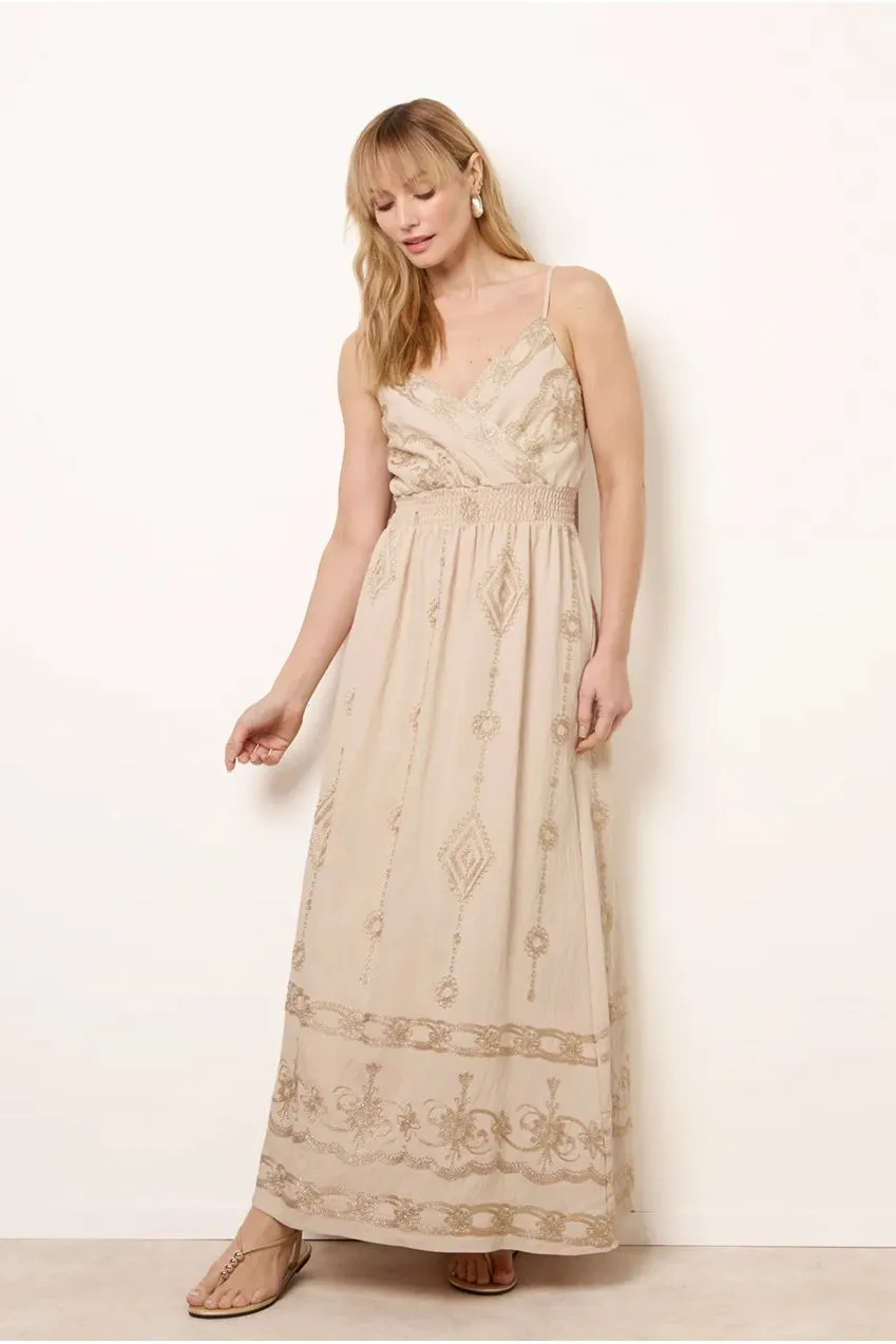 Blue Vanilla Embroidered Abito maxi stone ricamo spalline