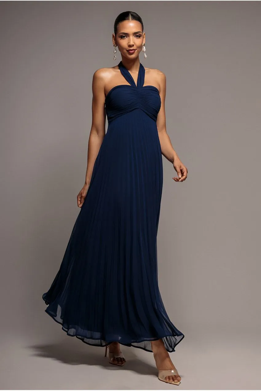 Goddiva Scarf Maxi abito chiffon blu navy plissettato