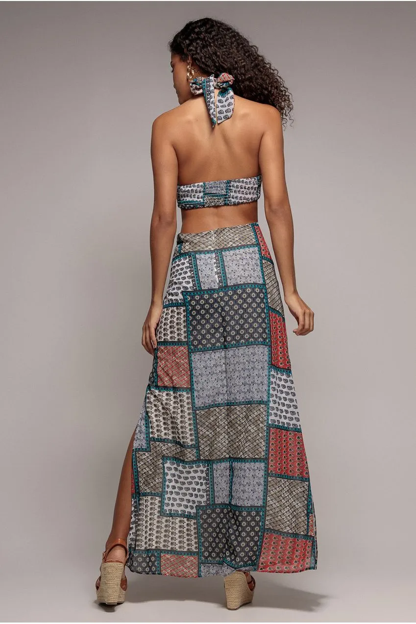 Goddiva DR3504 abito maxi halter blu fantasia 12