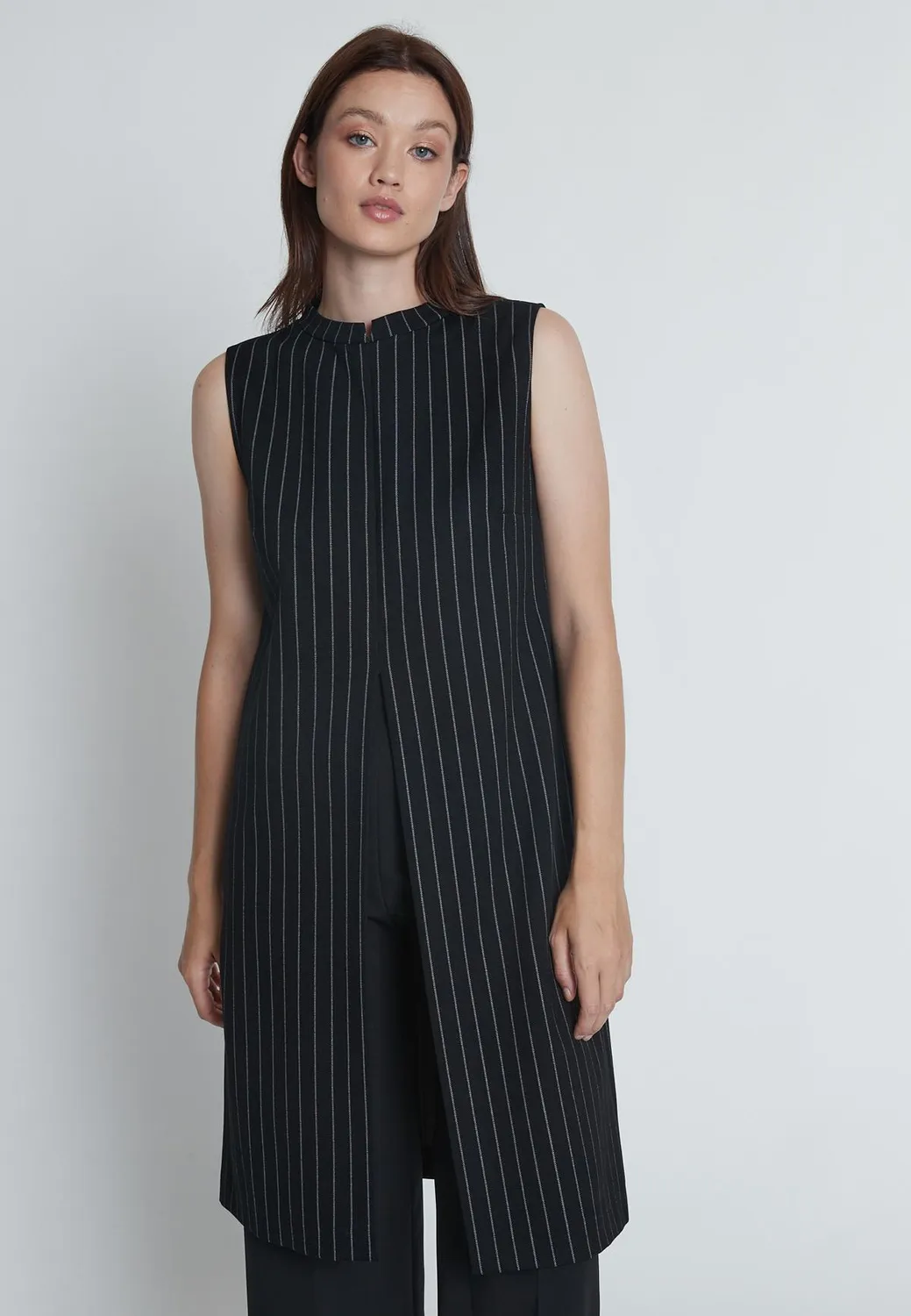 Ana Alcazar Mesta Top Nero Gessato Collo Alto Smanicato