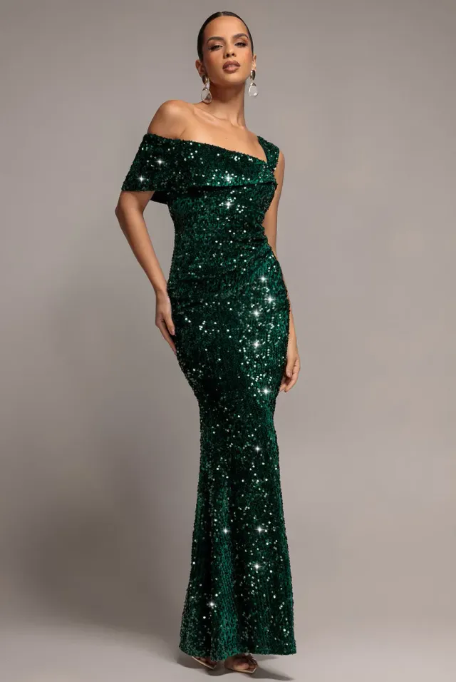 Goddiva Asymmetric Off Shoulder Pleated Waist abito maxi verde