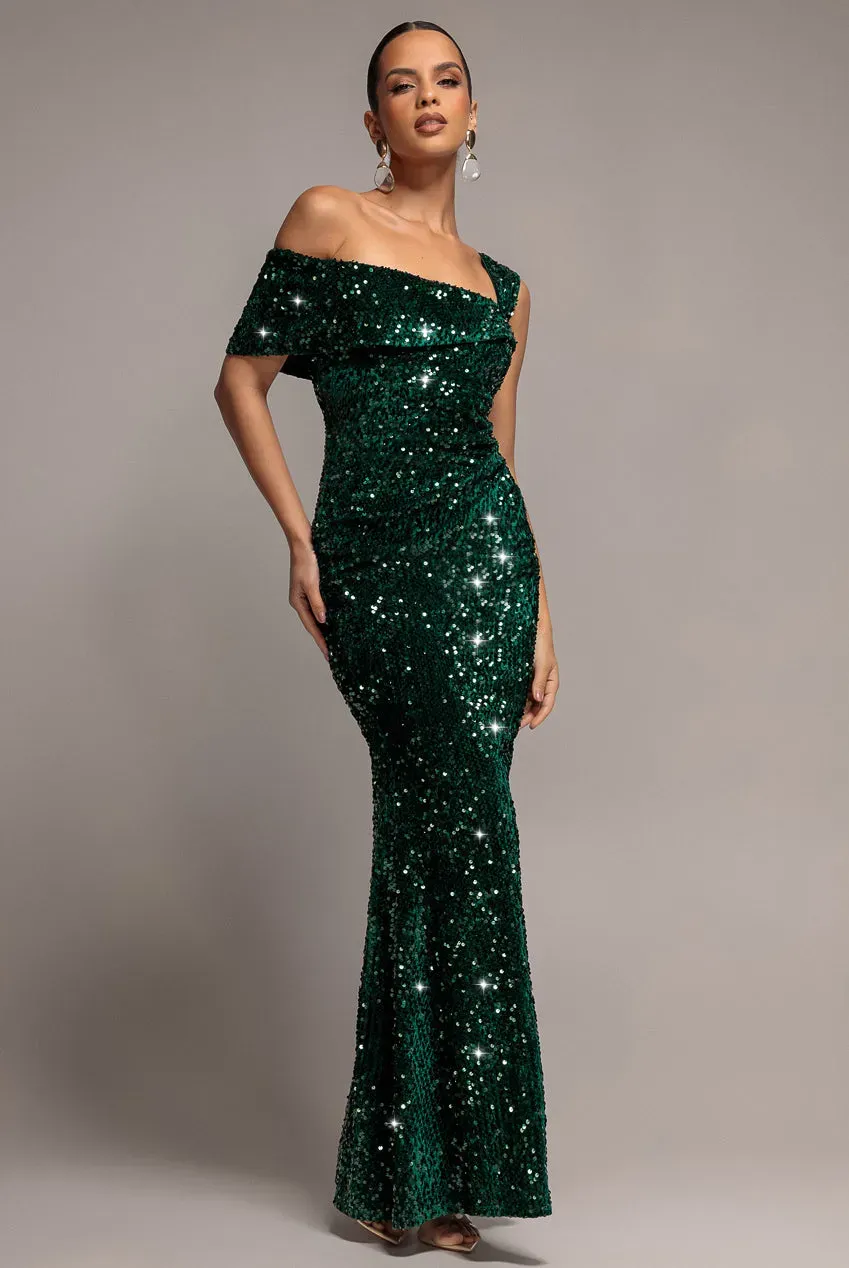 Goddiva Asymmetric Off Shoulder Pleated Waist abito maxi verde