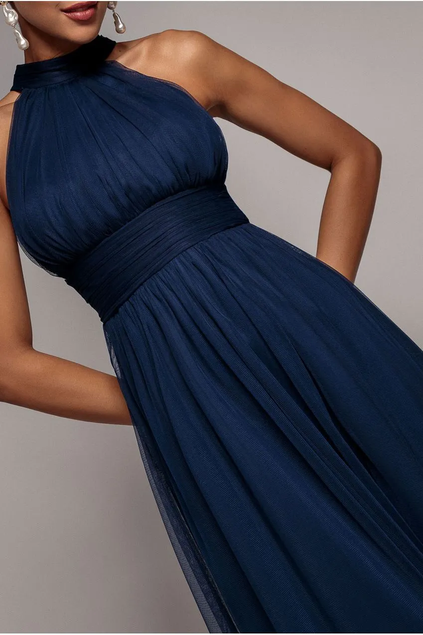 Goddiva Halter Neck Mesh abito maxi navy blue 12 spacco