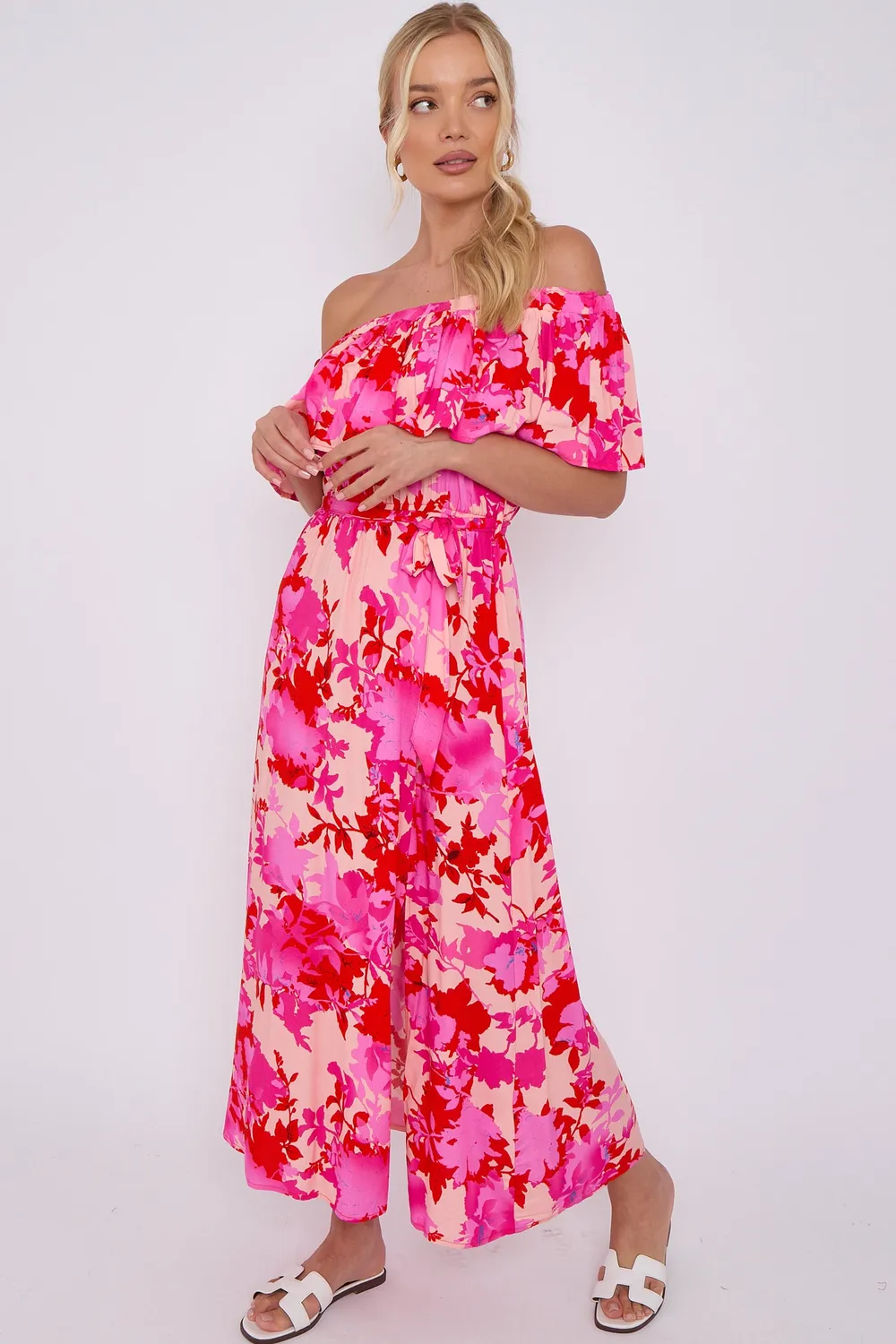 Goddiva Love Sunshine Bardot abito maxi rosa M floreale