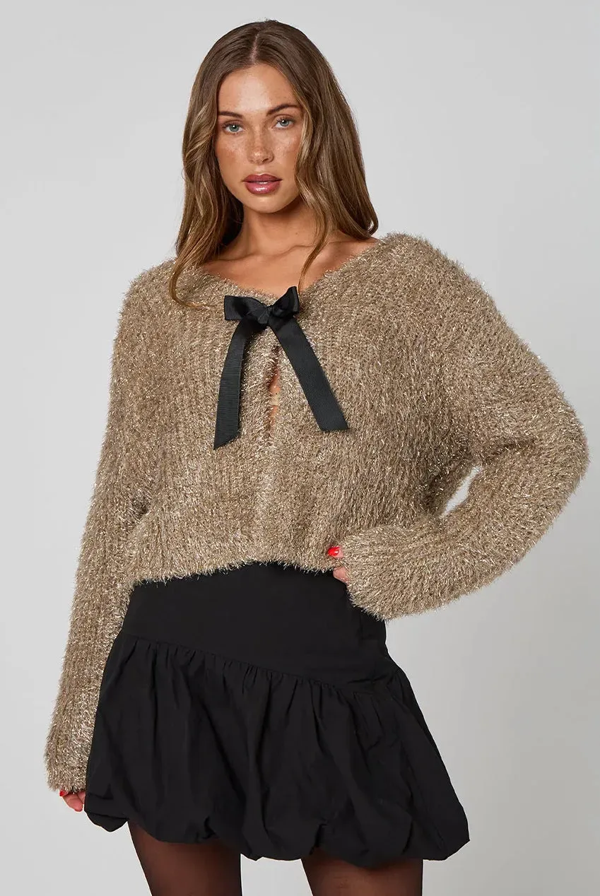 Urban Bliss cardigan oro L con fiocco lurex manica lunga