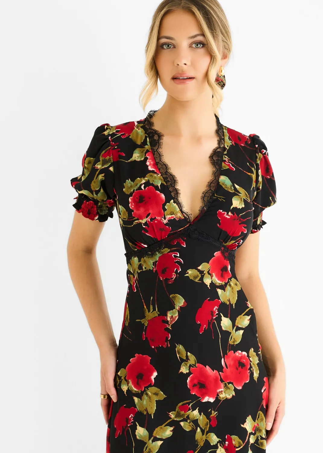 Gini London Floral Lace Trim Abito Midi Nero Pizzo 8-16