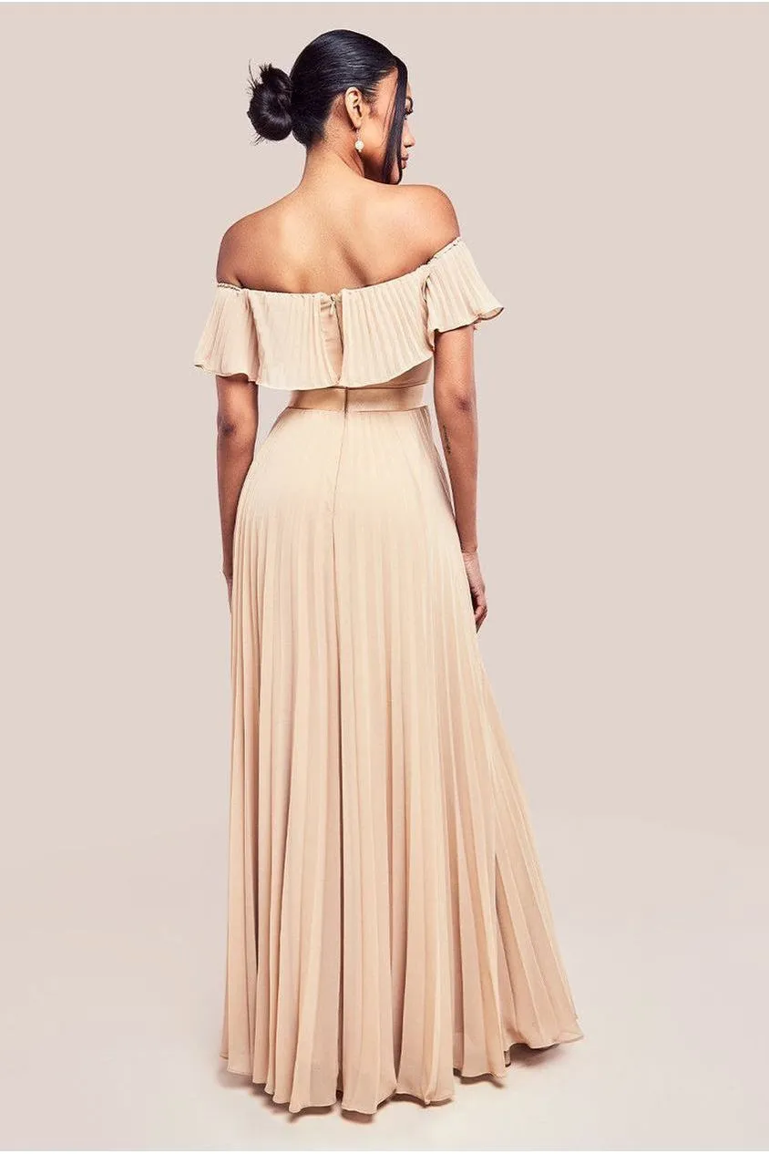 Goddiva Pleated Chiffon abito beige spalle scoperte maxi