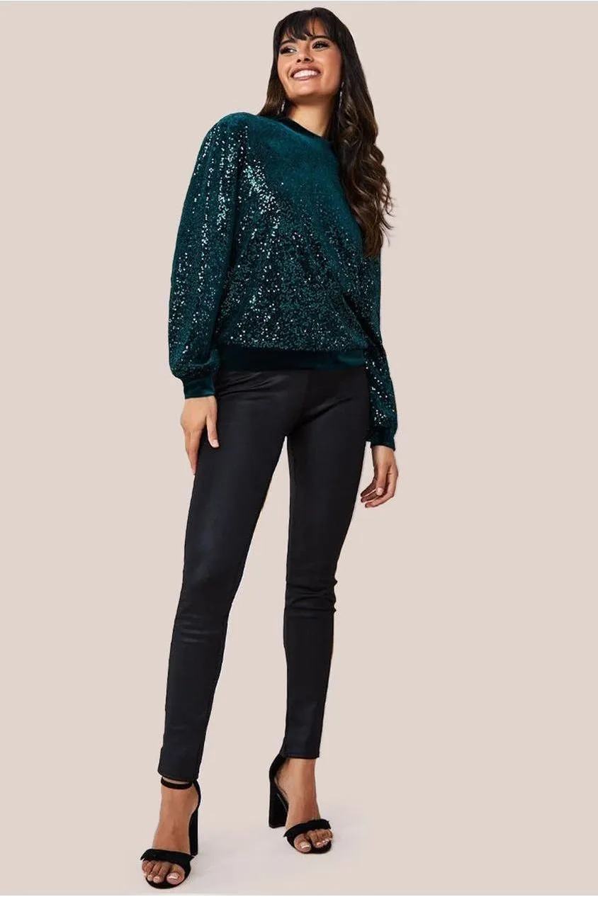 Goddiva maglione velluto verde smeraldo paillettes taglia 8