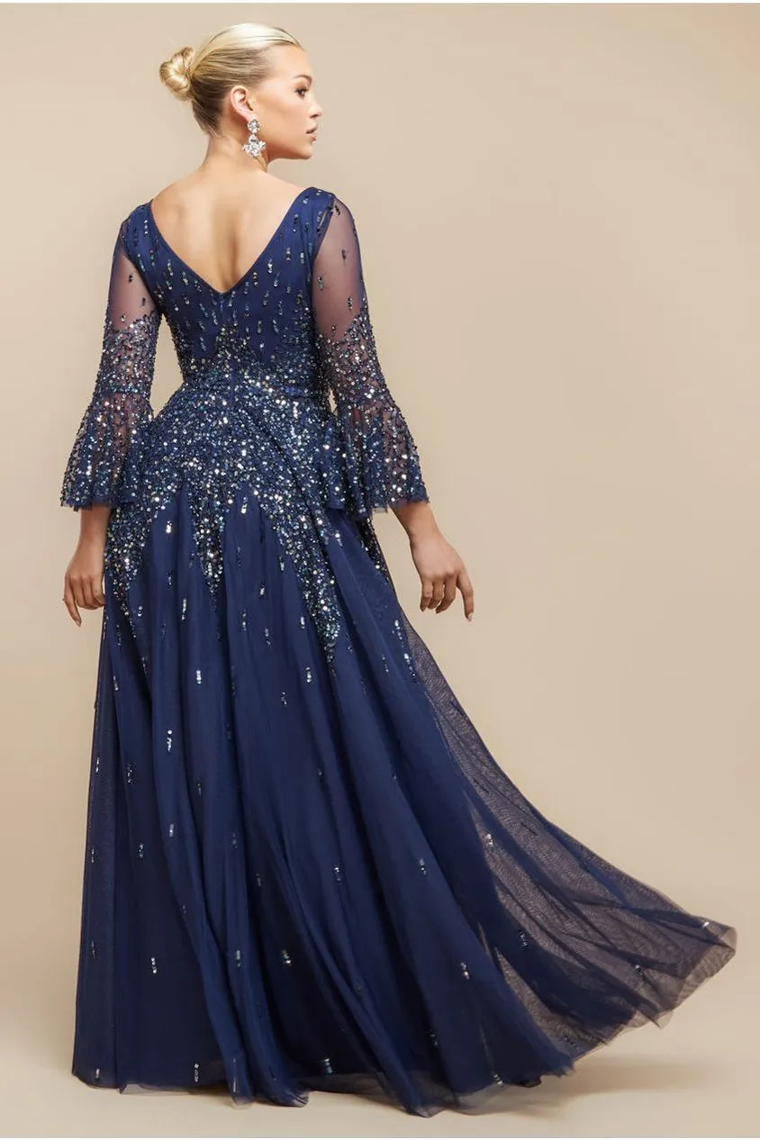 Goddiva Sunray abito maxi blu navy paillettes scollo V
