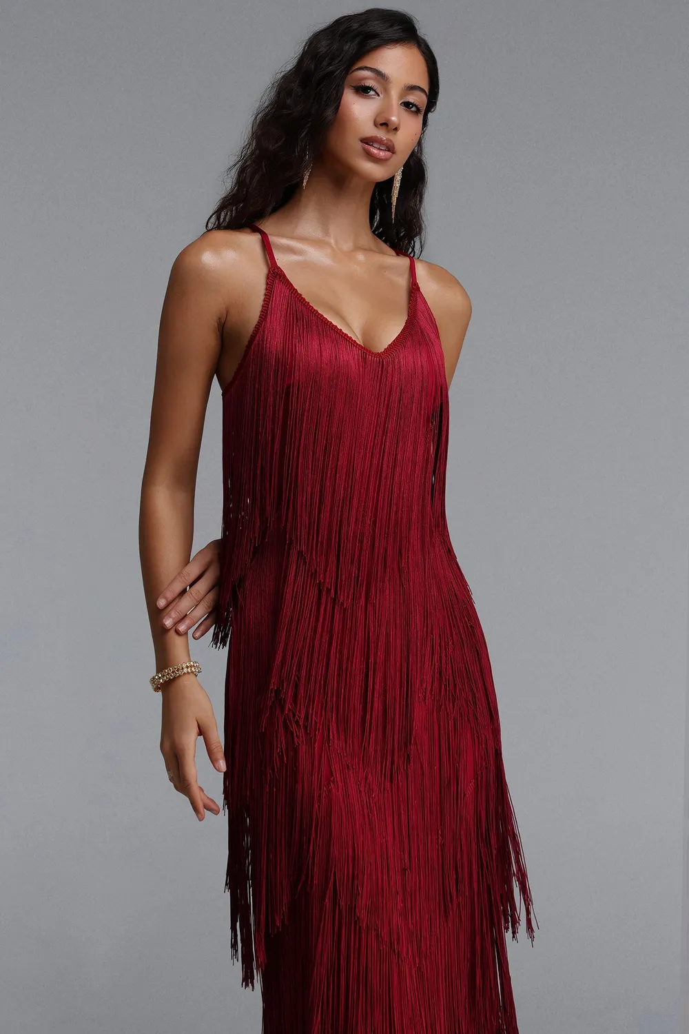 Bella Barnett Alex Bandage abito maxi rosso frange scollo V