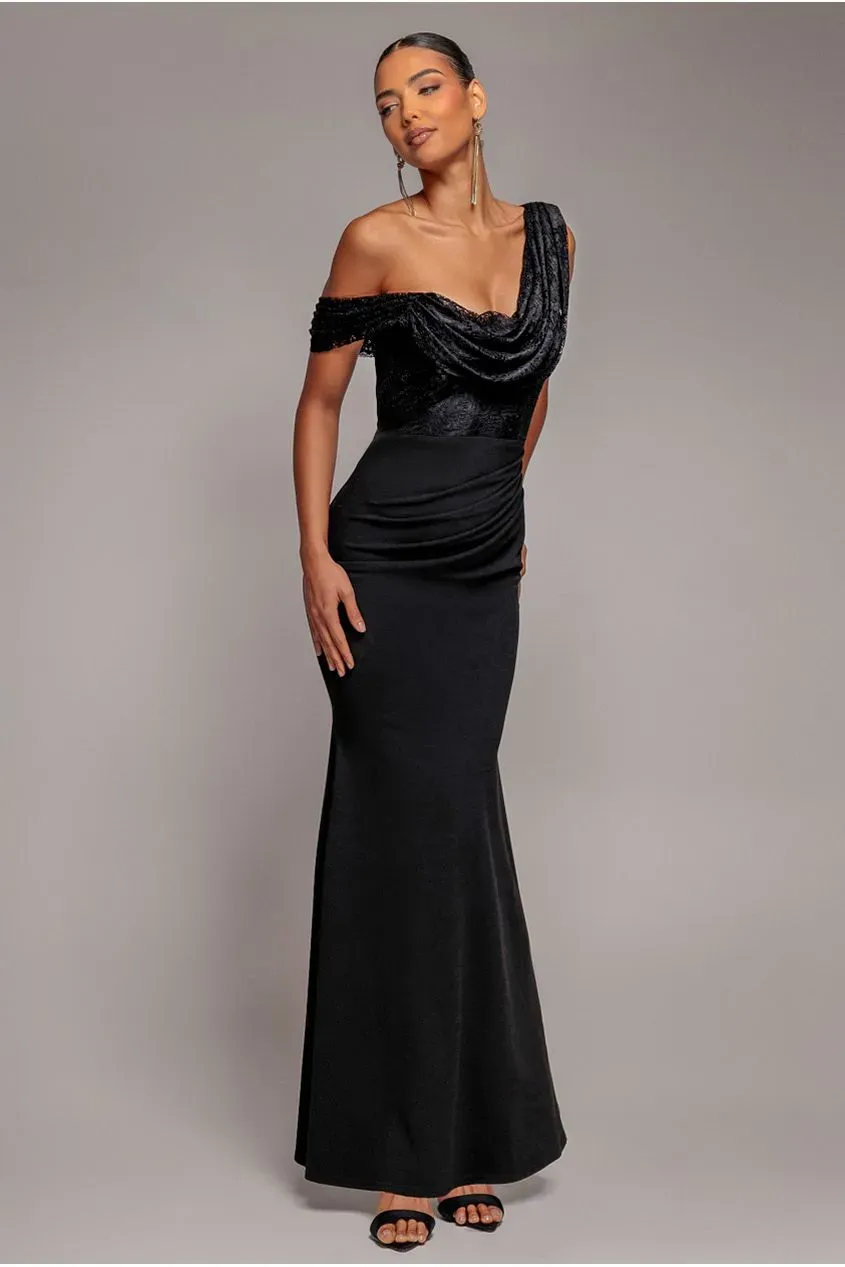 Goddiva Lace Cowl One Shoulder abito maxi nero
