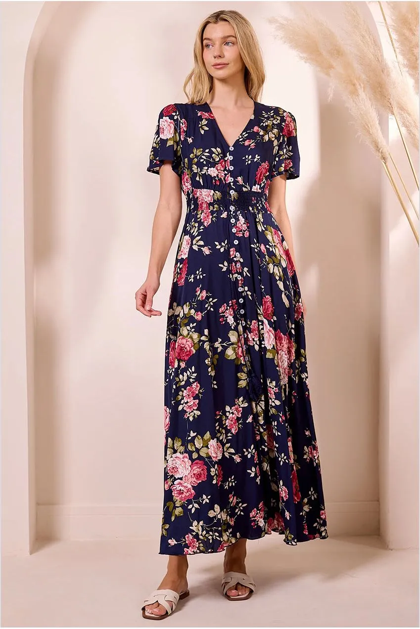Angeleye Ruched Waist abito maxi navy fiori leggero
