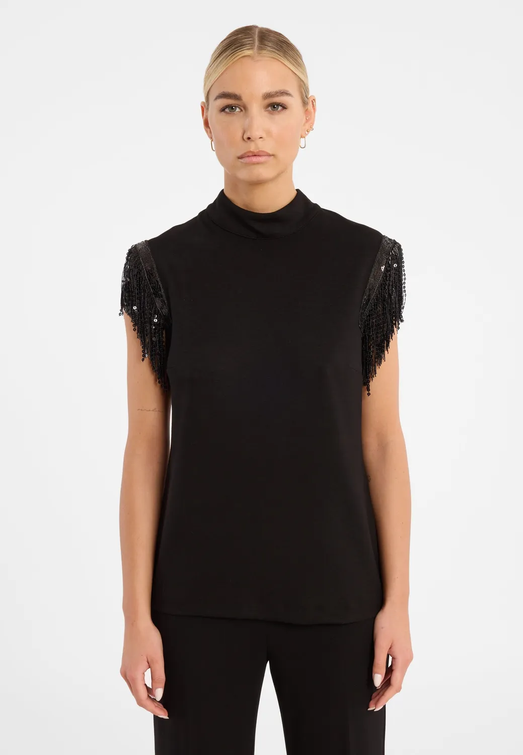 Ana Alcazar Cora Top Nero Jersey Frange Sera