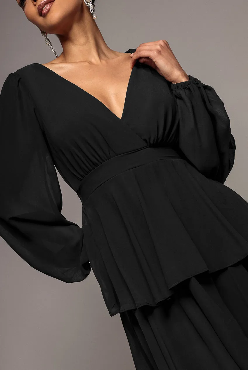 Goddiva Tiered Chiffon abito midi nero incrocio