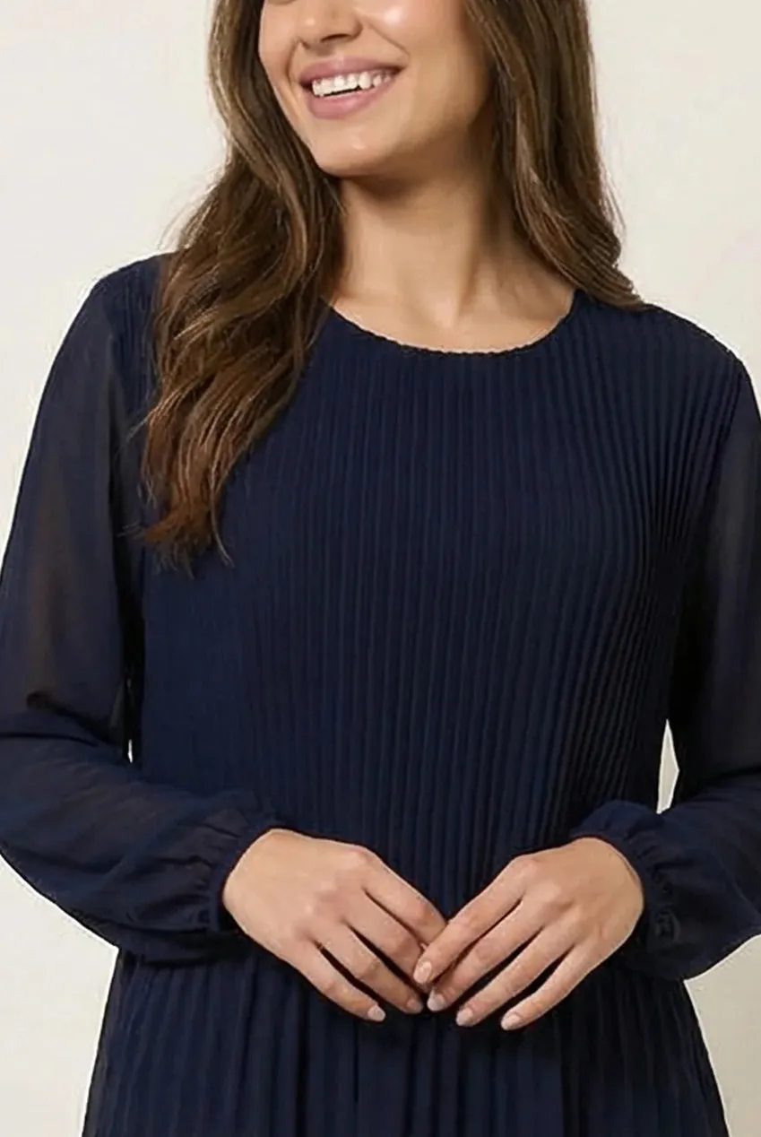 Blue Vanilla top plissettato navy manica lunga girocollo S/M