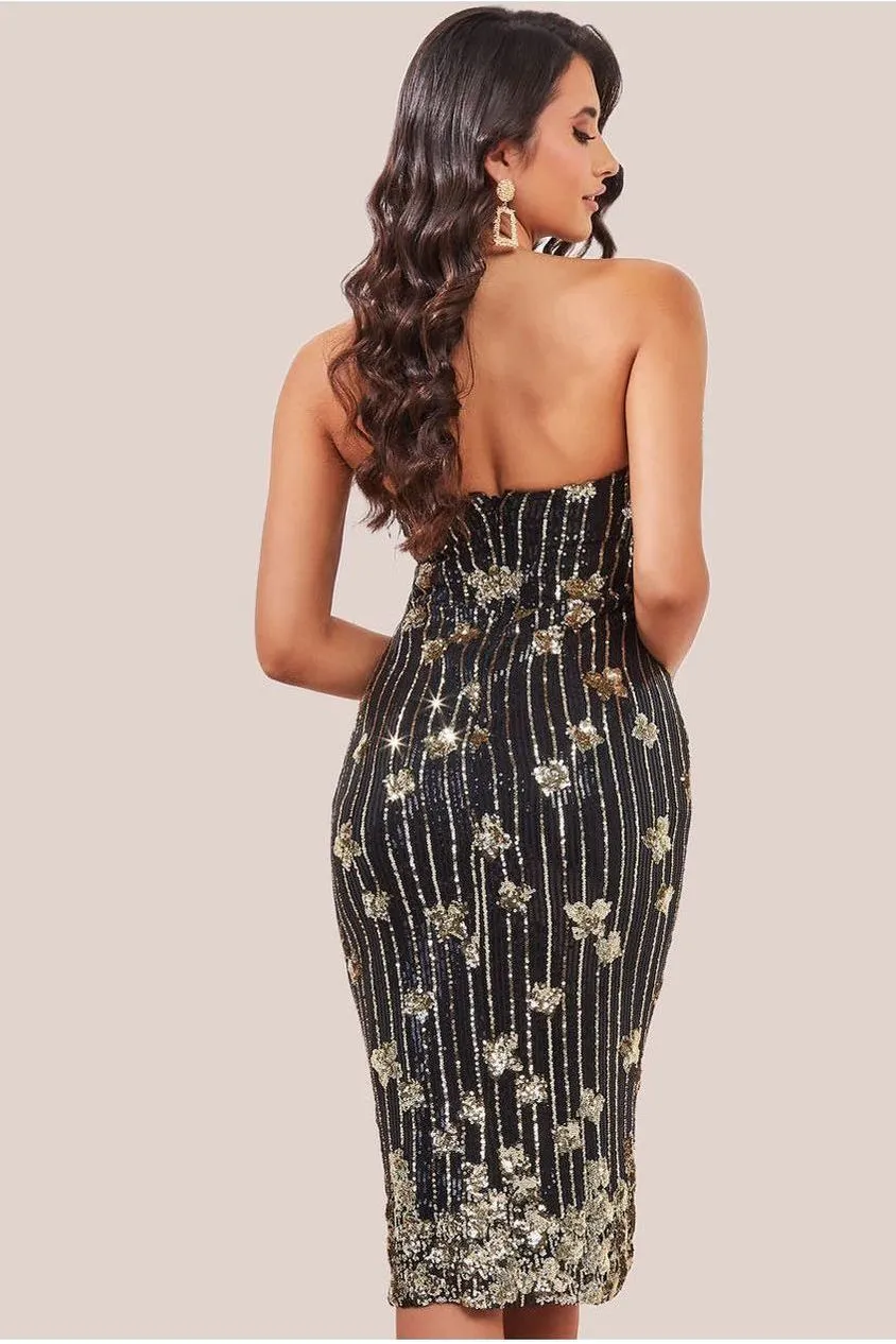 Goddiva Sequin Feather abito midi nero DR3783 piume