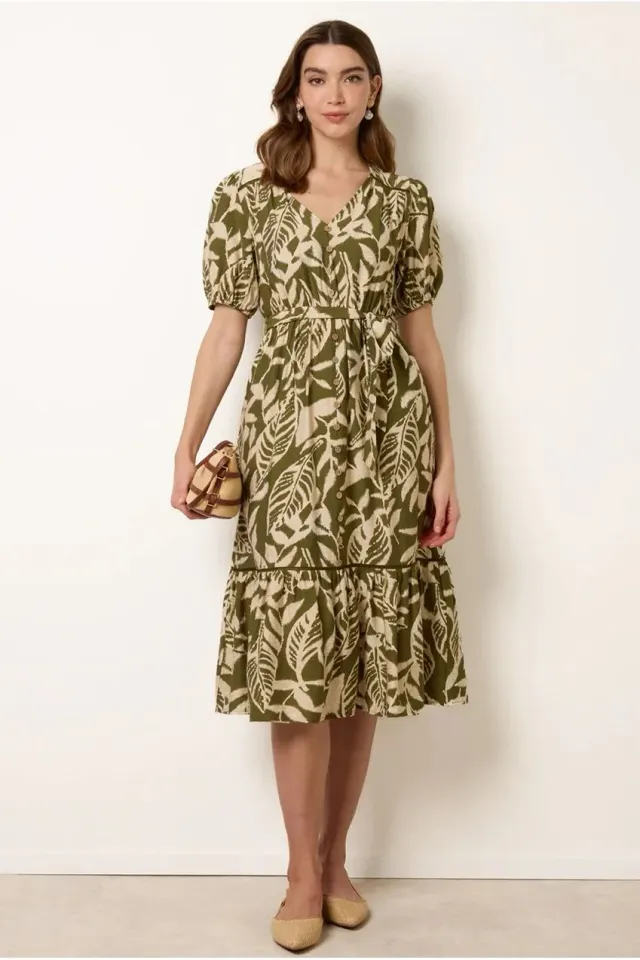 Blue Vanilla Coconut Button abito midi Khaki cinturato